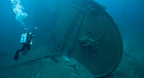 photo of diver and shipwreck