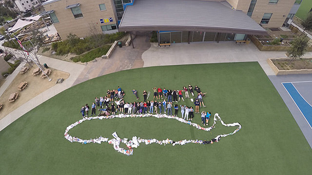 aerial shot of students next to a whale built from trash