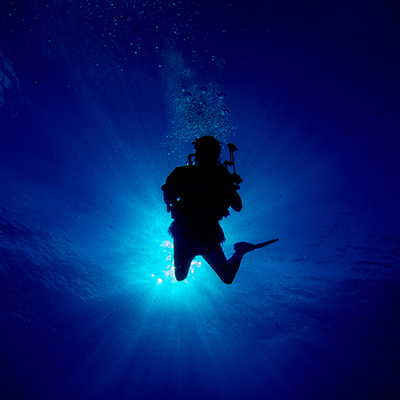 silhouetted diver