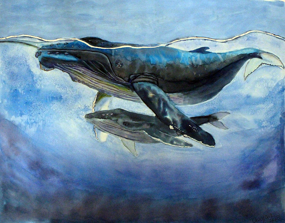 painting of a humpback mother whale and calf