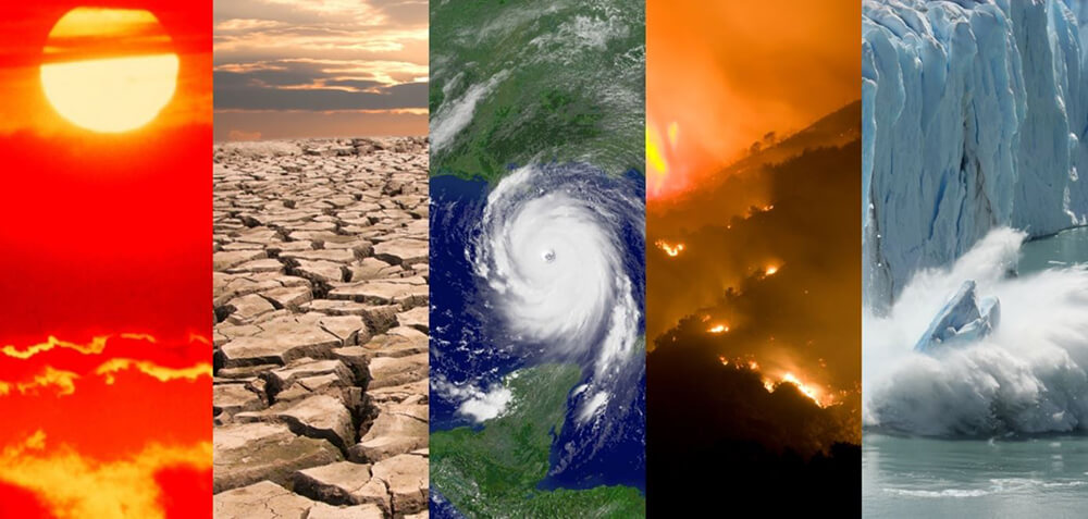 A split image showing, intense sun, cracked airid land, a hurricane, wildfires and melting ice caps