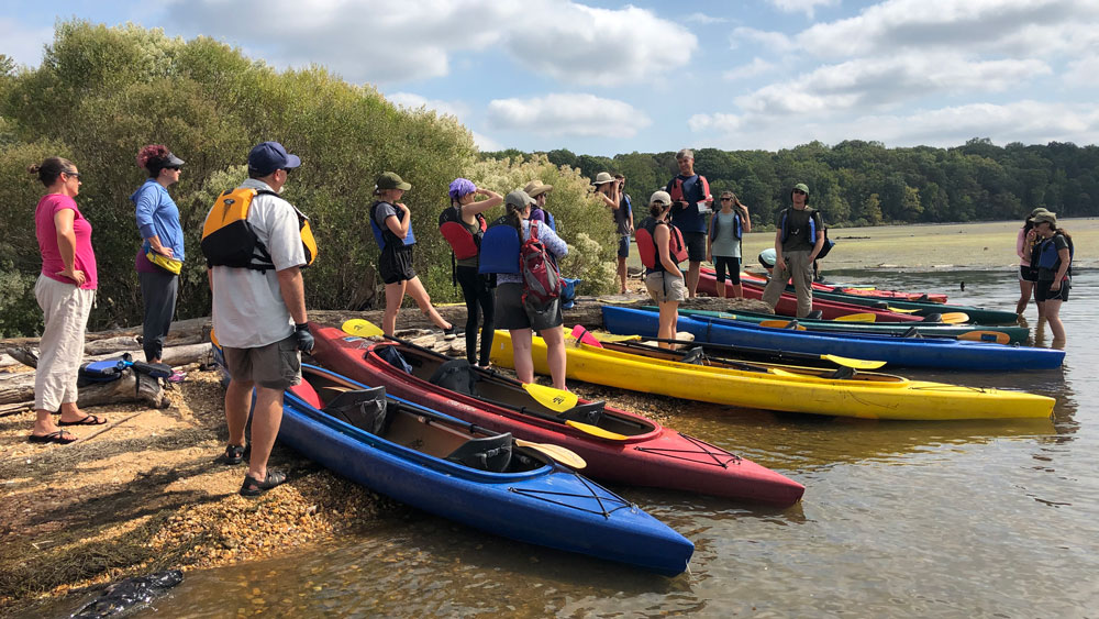 Group of people on land getting ready to kayak