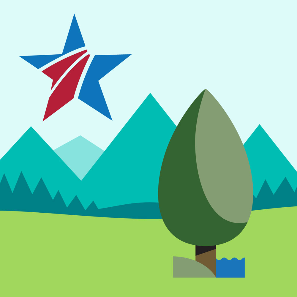 Graphic with mountains a tree and a blue star with two red stripes