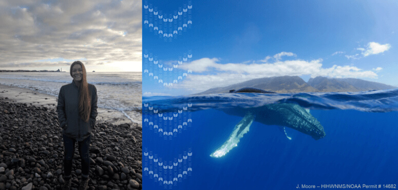 left: Jane Lokomaika‘ikeakua Au, right: A humpbackwhale just below the surface