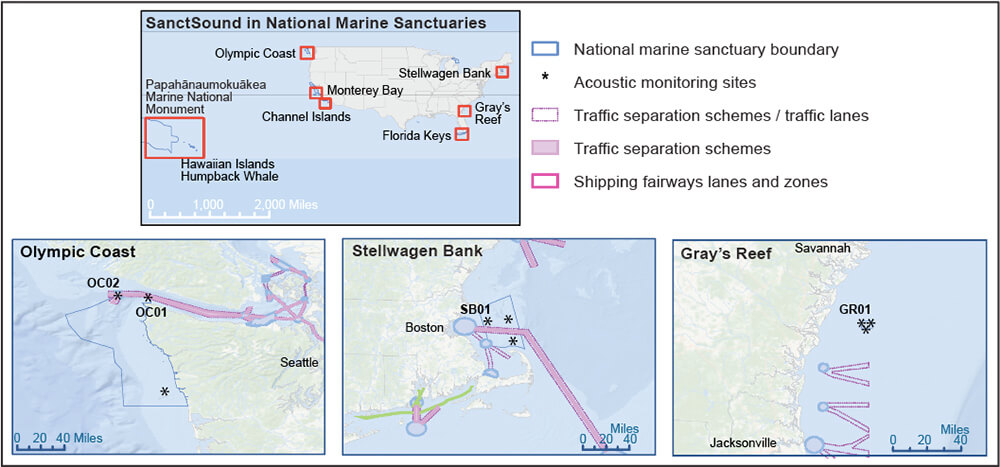 A map of the United States with red rectangles showing the location of national marine sanctuaries where SanctSound projects are taking place. Three inset maps below the system map show the boundaries of Olympic Coast, Stellwagen Bank, and Gray’s Reef national marine sanctuaries in blue, and dots indicate the location of acoustic monitoring stations within the sanctuary boundaries.