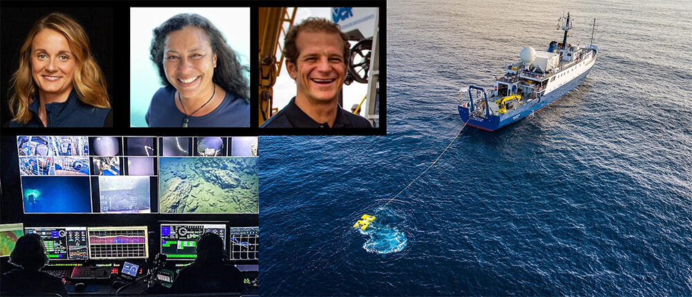Photo montage of two women and a man in the upper left corner; a large exploration vessel with a remotely operated vehicle (ROV) in the ocean; and a many screens showing the underwater world from the ROV.