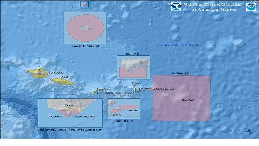 NMSAS is comprised of six protected areas (Swains Island, Ta’u, Aunu’u, Fagalua/Fogama’a, Muliāva, and Fagatele Bay), covering 13,581 mi2 of marine habitats, including nearshore coral reef, deep-sea, and pelagic areas across the Samoan archipelago. Image: NOAA