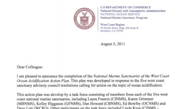 Cover letter for the National Marine Sanctuaries of the West Coast: Ocean Acidification Action Plan, including text and the Department of Commerce logo.