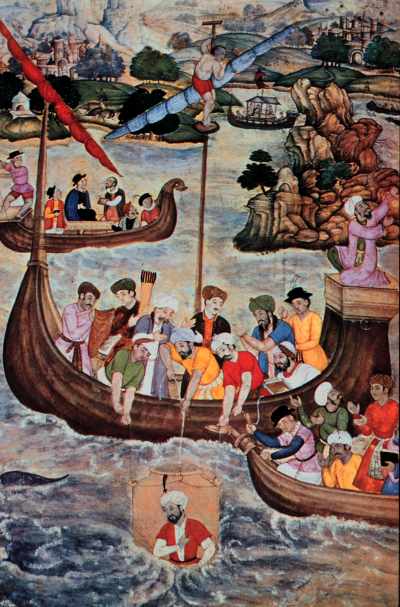 painting of Alexander the Great being lowered into the dephs in a diving bell