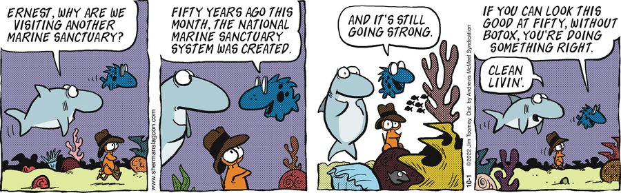 sherman's lagoon comic strip: sherman and friends on their way to visit a national marine sanctuary
