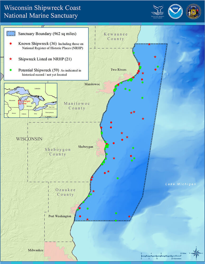 Map of the Wisconsin-Lake Michigan shoreline showing the sanctuary boundaries