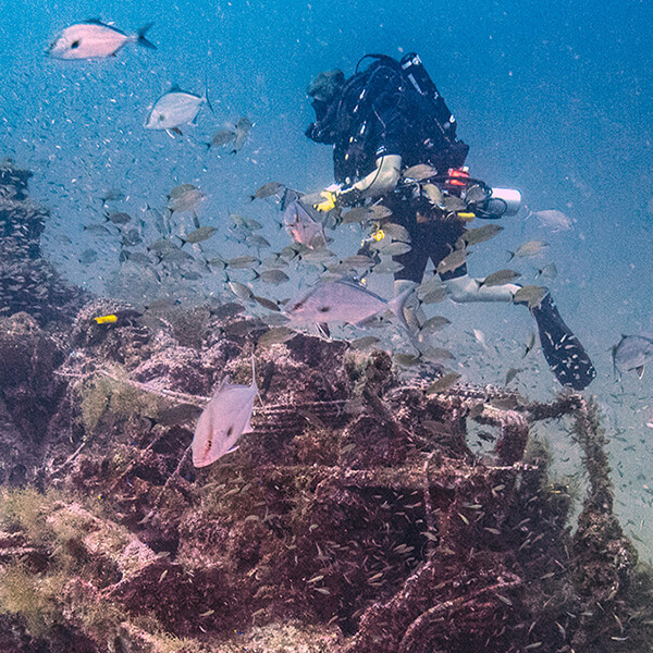 A diver taking notes on the USS Tarpon wreck