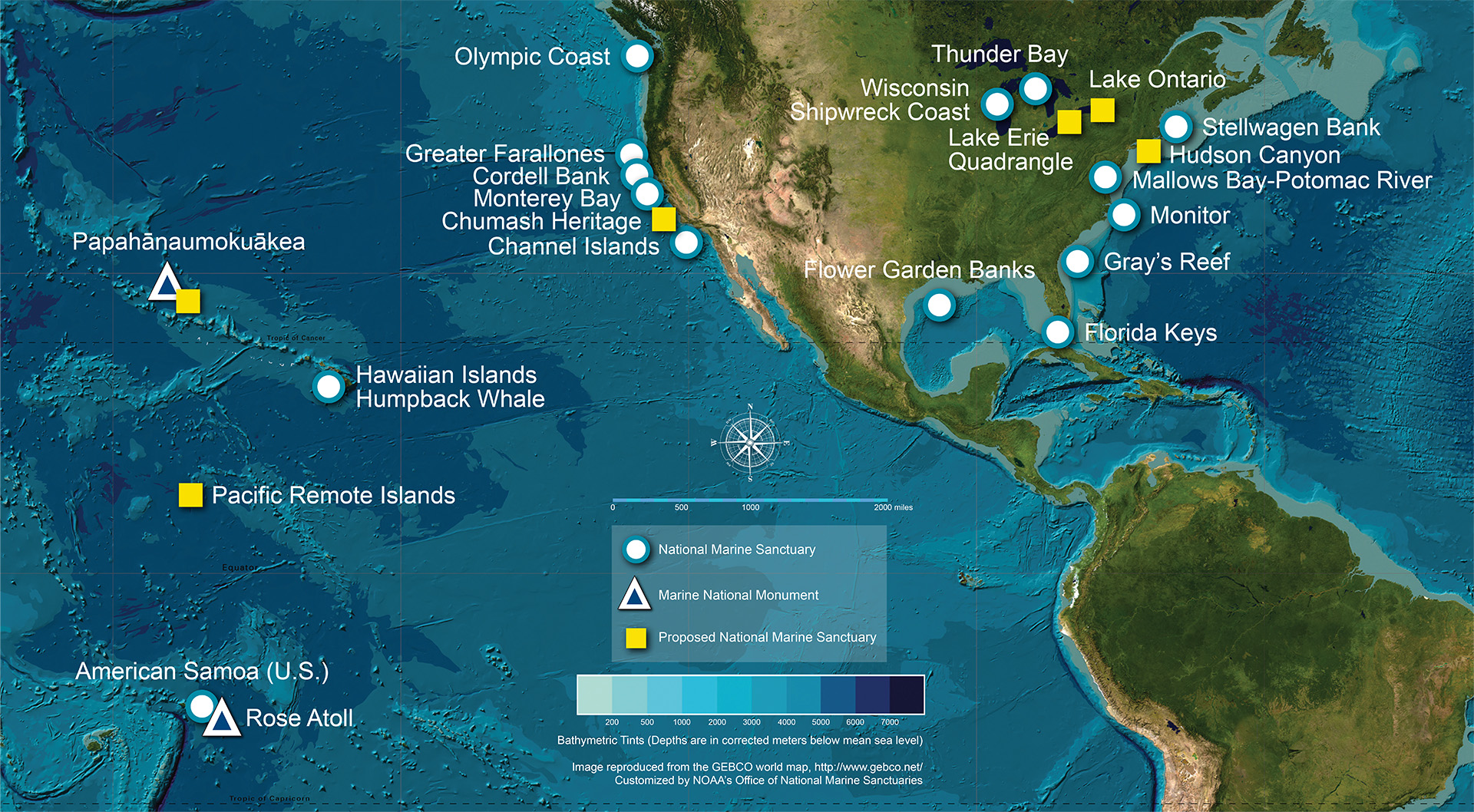 map highlighting national marine sanctuary locations