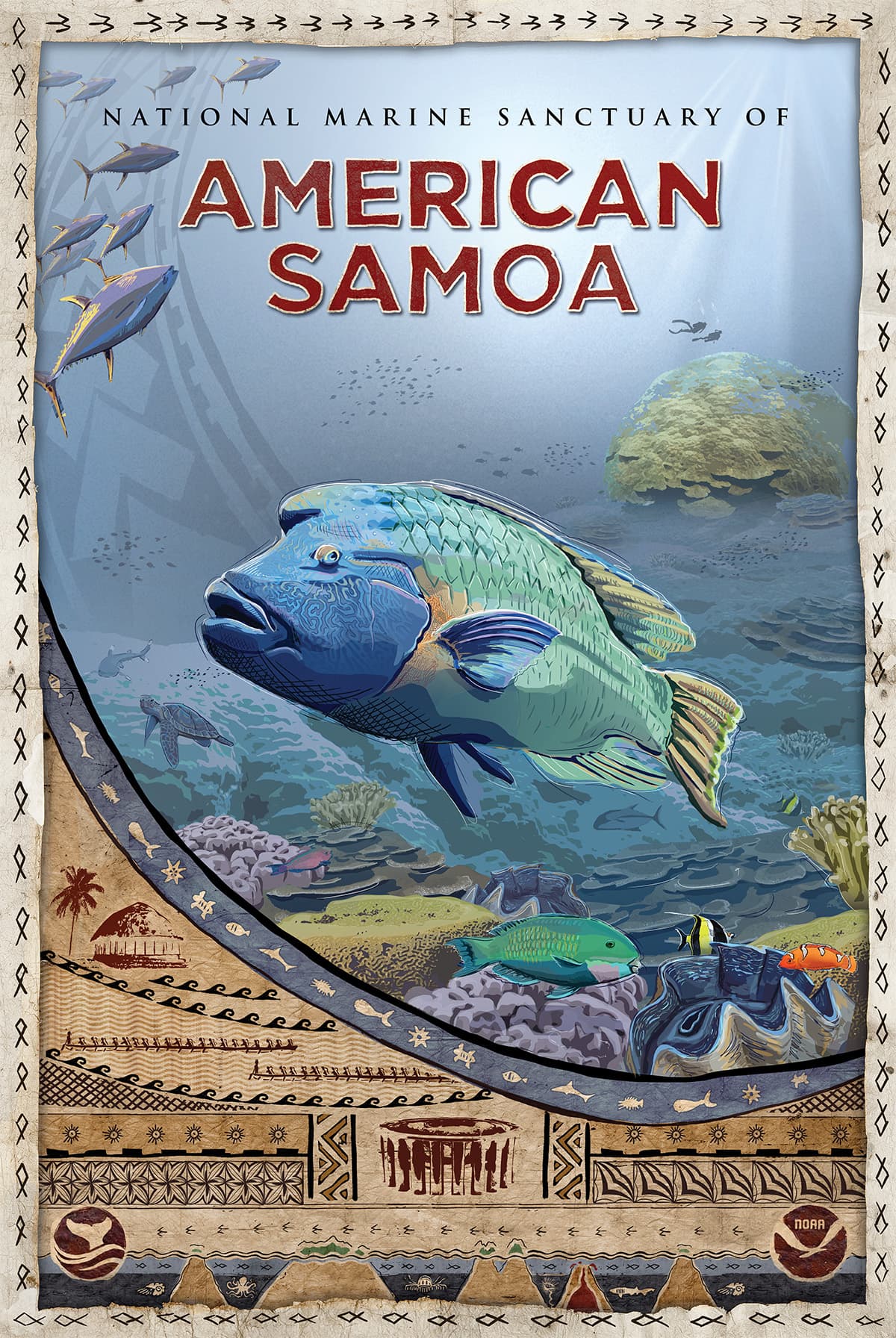 Samoan culture, customs, and language underpin a traditional way of life and stewardship of marine resources. The poster features an ava bowl used for ceremonial practices, a Samoan fale (house) found in villages, and fautasi or long boat canoe. Underwater, tropical coral gardens teem with marine life, including iconic humphead wrasses, endangered hawksbill sea turtles, giant clams, massive Porites corals, and colorful parrotfish, while an oceanic whitetip shark and yellowfin tuna swim near the reef edge.