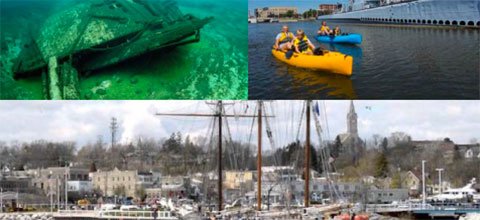 photo collage of shipwreck and people kayaking