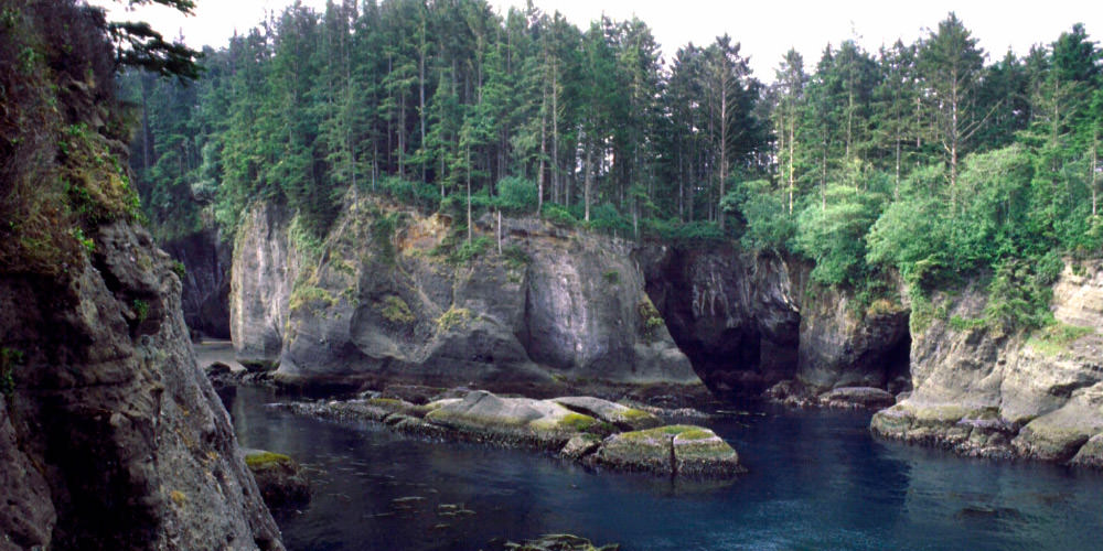 cliffs and trees and water